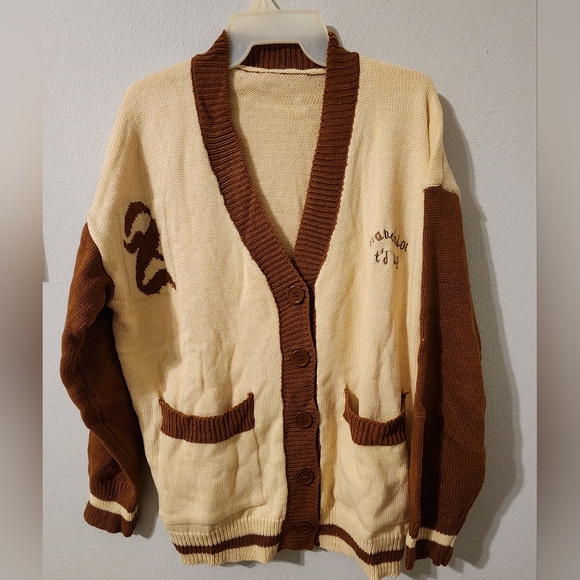 Embroidered Color Block Drop Shoulder Cardigan Preppy Long - Picture 2 of 7